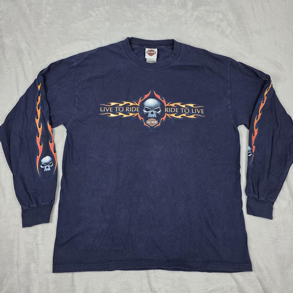 VINTAGE Harley-Davidson Shirt Mens L Live To Ride Hanes Beefy Made In USA Flames